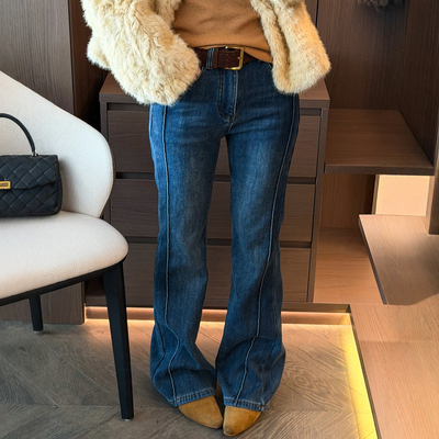 四面弹加绒拖地微喇牛仔裤欧洲站