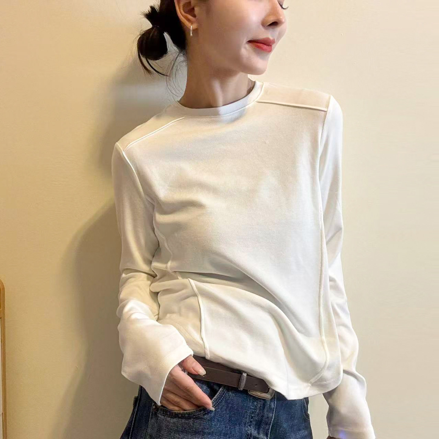 设计感拼接线条长袖T恤女欧洲站