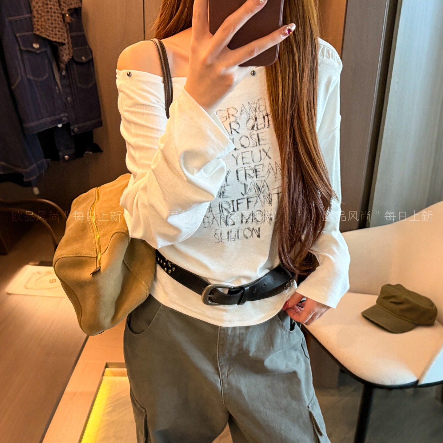 字母印花一字肩长袖T恤女欧洲站