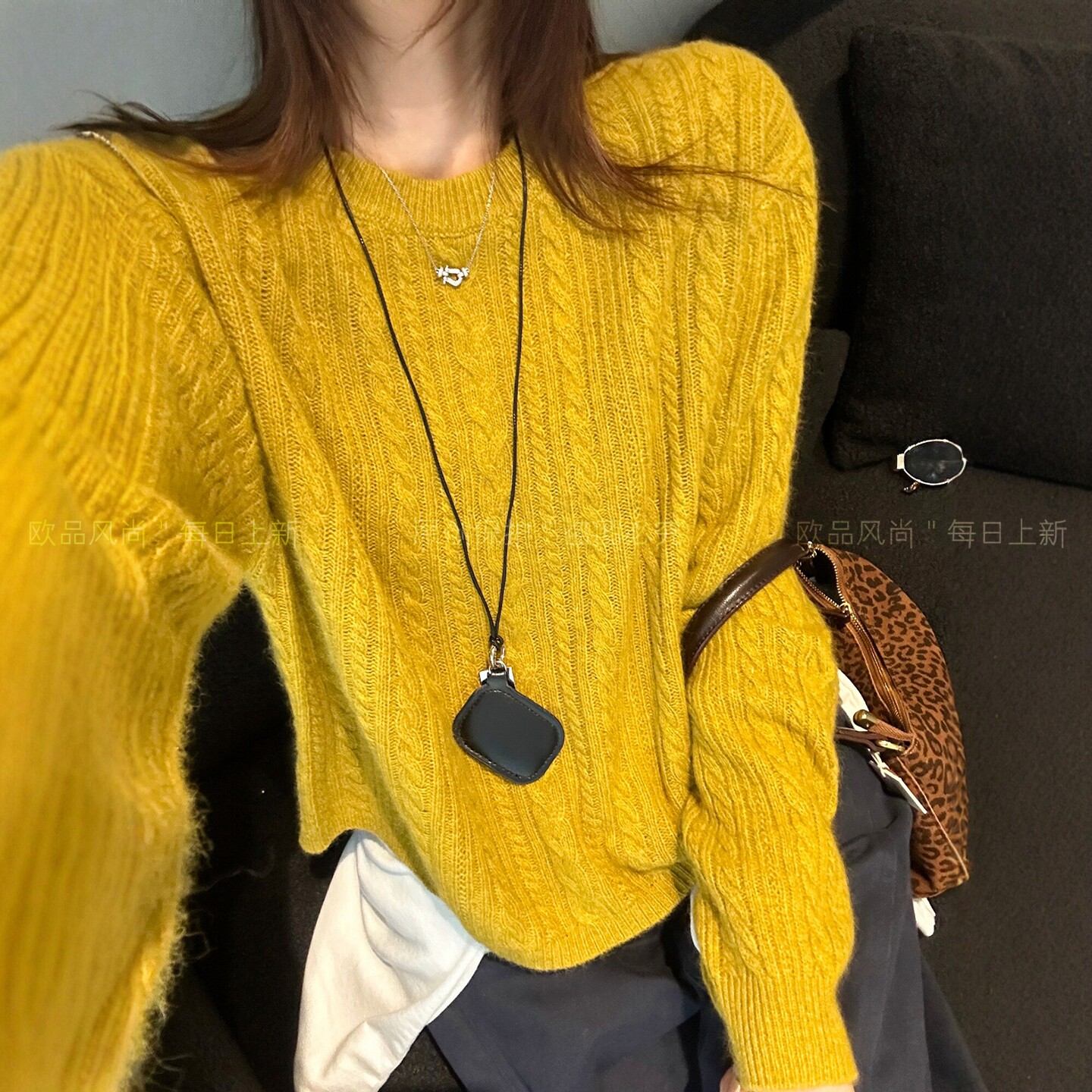 莱赛尔麻花纹绵羊毛针织衫女欧货