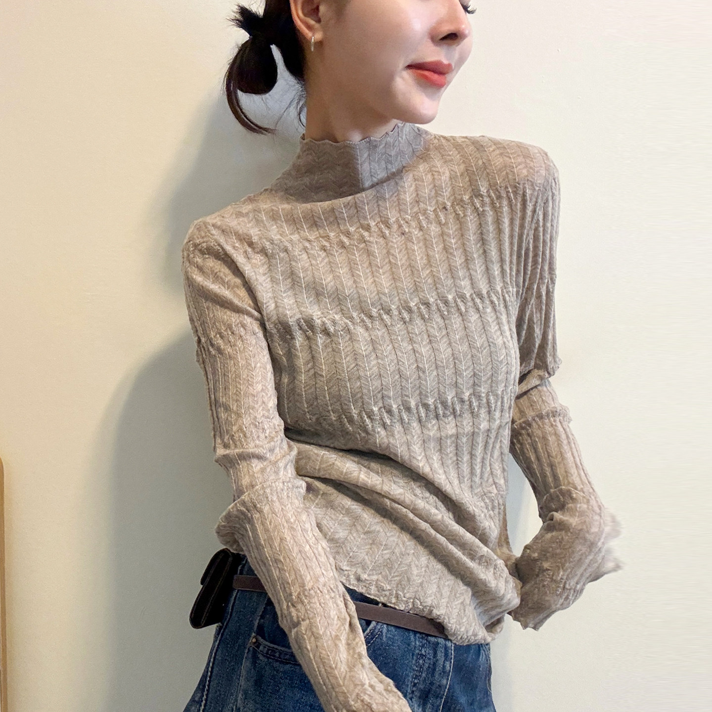 木耳边半高领羊毛针织衫女欧洲站