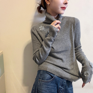 小衫 花朵刺绣堆堆高领羊毛针织衫 欧货女装 新款 潮 女欧洲站2025冬装