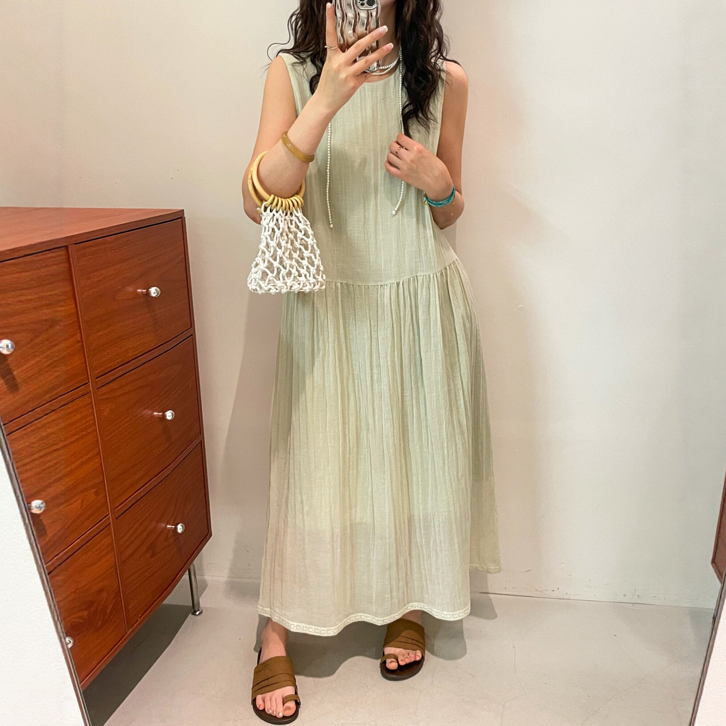 复古压褶天丝A字连衣裙女欧洲站