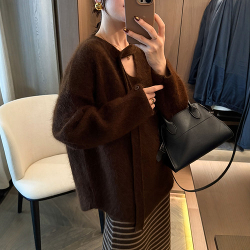 复古飘带V领浣熊绒针织衫欧洲站