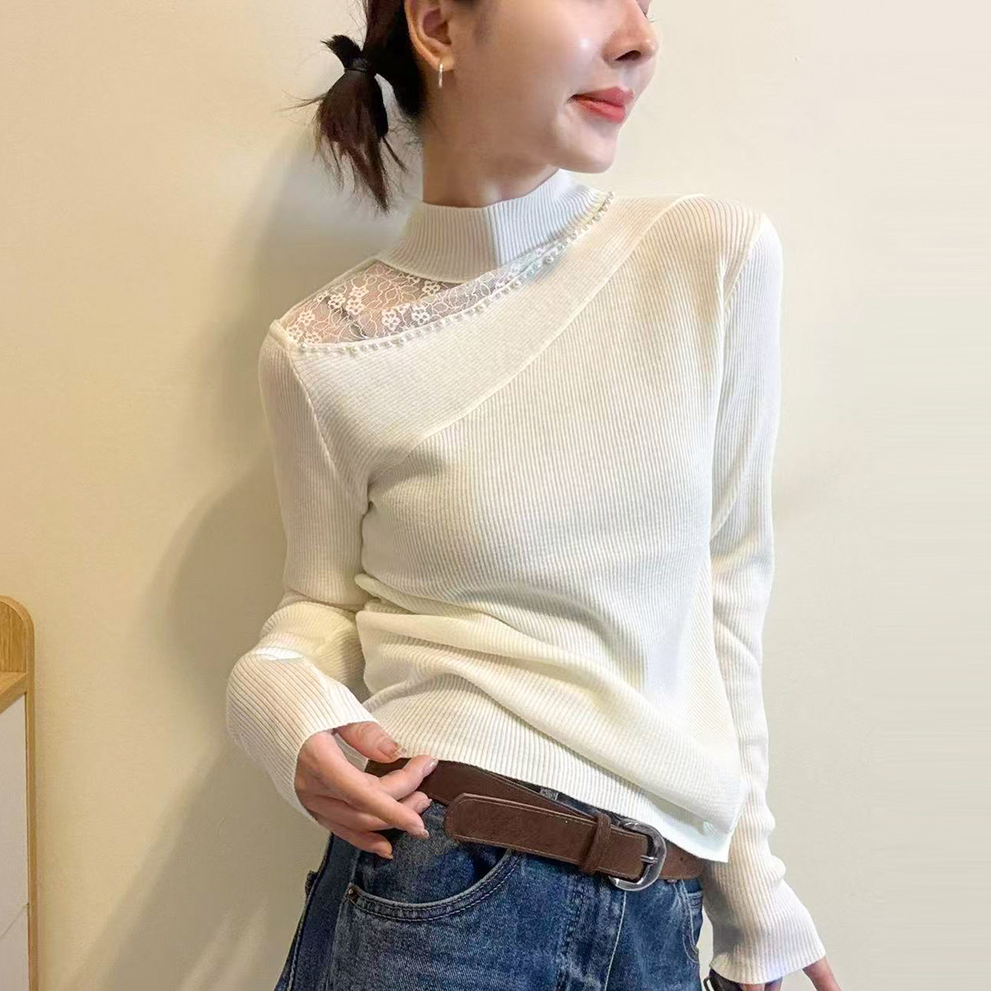 蕾丝露肩高领羊毛针织衫女欧洲站