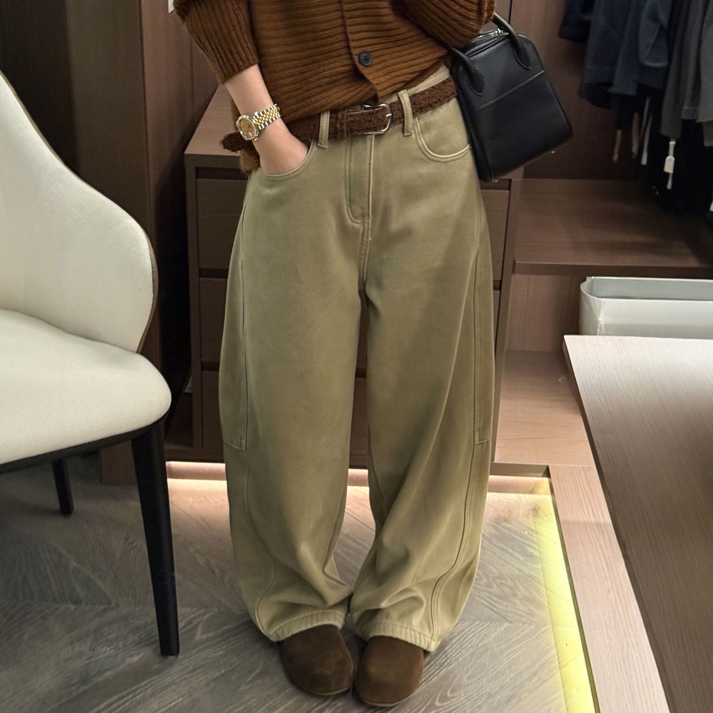 复古弯刀加绒休闲阔腿裤欧货裤子