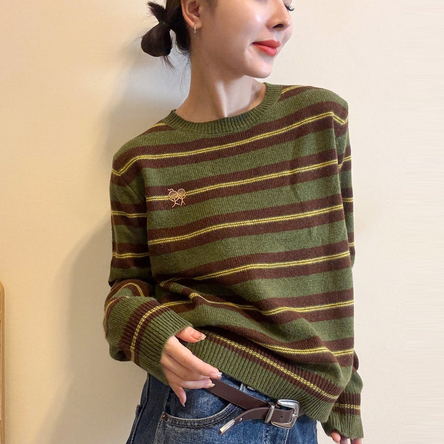 火柴人刺绣条纹羊毛针织衫女欧货