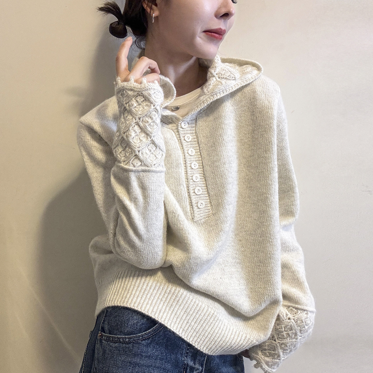 镂空钩花连帽羊毛针织衫女欧洲站