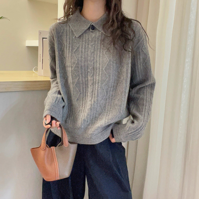 复古翻领山羊绒针织衫女欧货毛衣