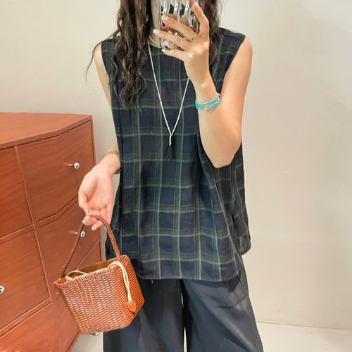 复古格纹亚麻飞飞袖衬衫女欧洲站