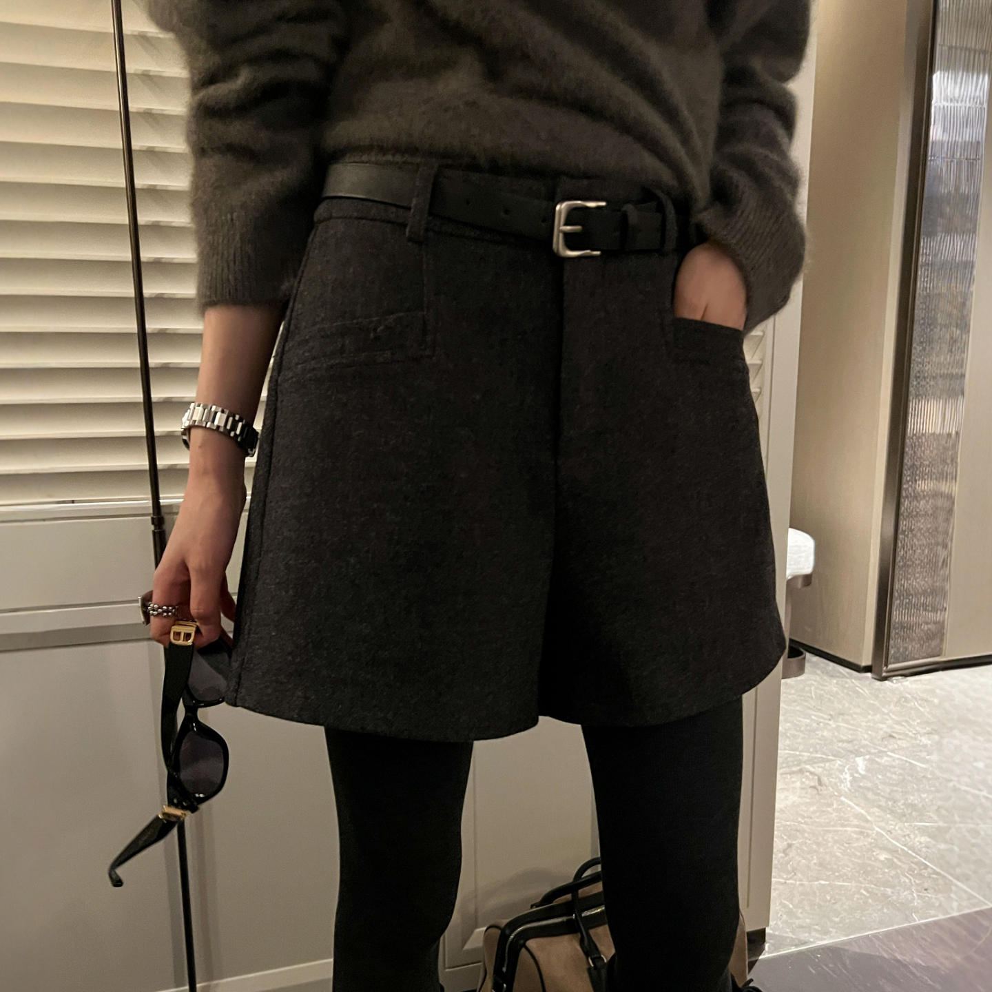 复古A字羊毛呢阔腿短裤女欧洲站