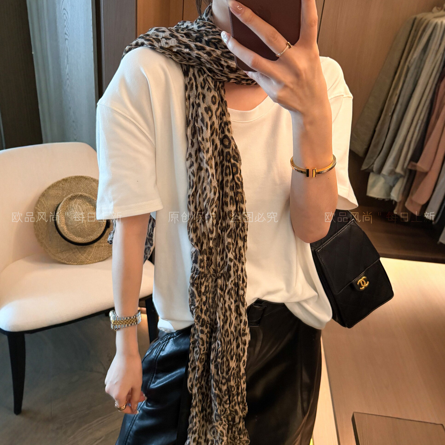 配豹纹丝巾短袖T恤女欧洲站上衣