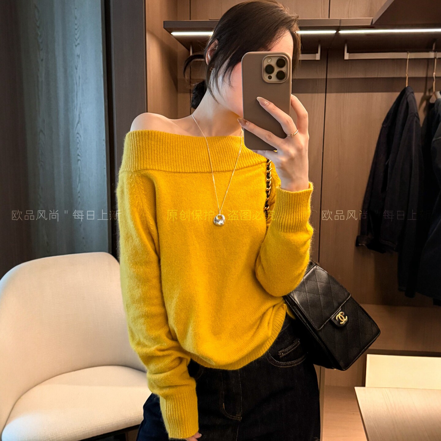 一字领露肩绵羊毛针织衫女欧洲站