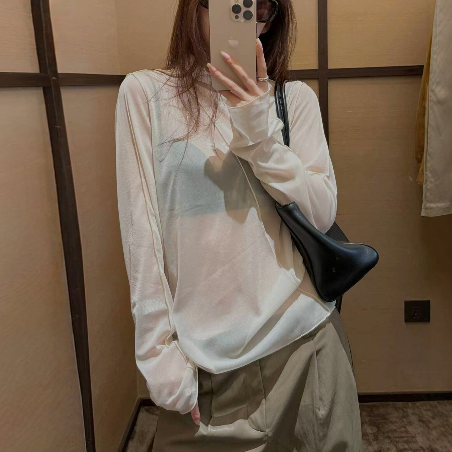 堆堆领微透网纱长袖T恤女欧洲站