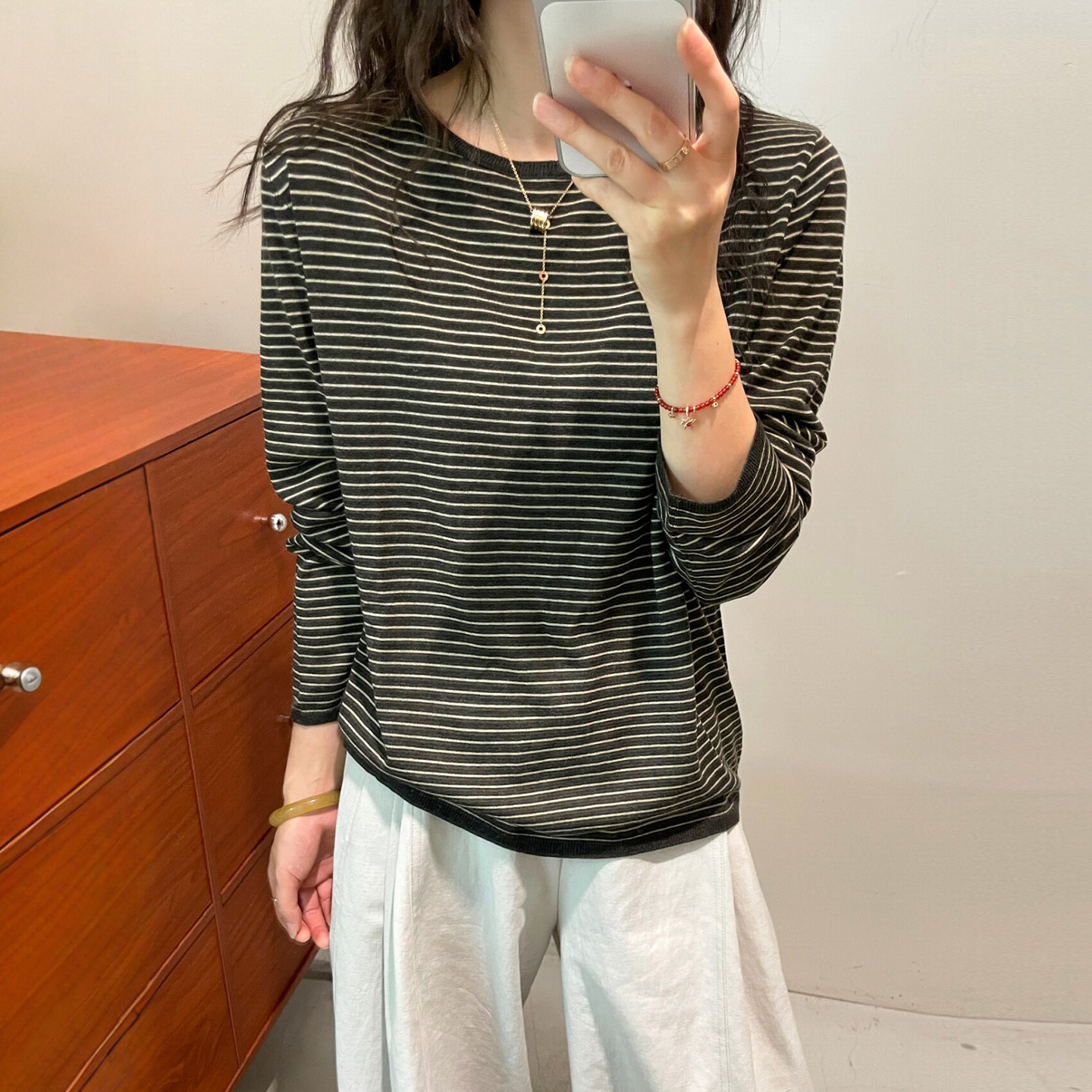 撞色条纹细羊毛针织衫女欧货上衣