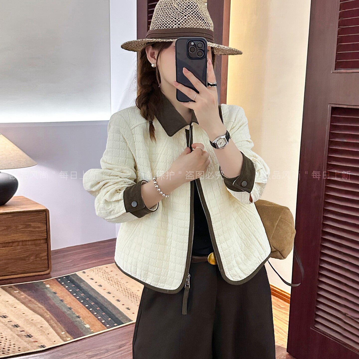 撞色翻领压格棒球服外套女欧洲站