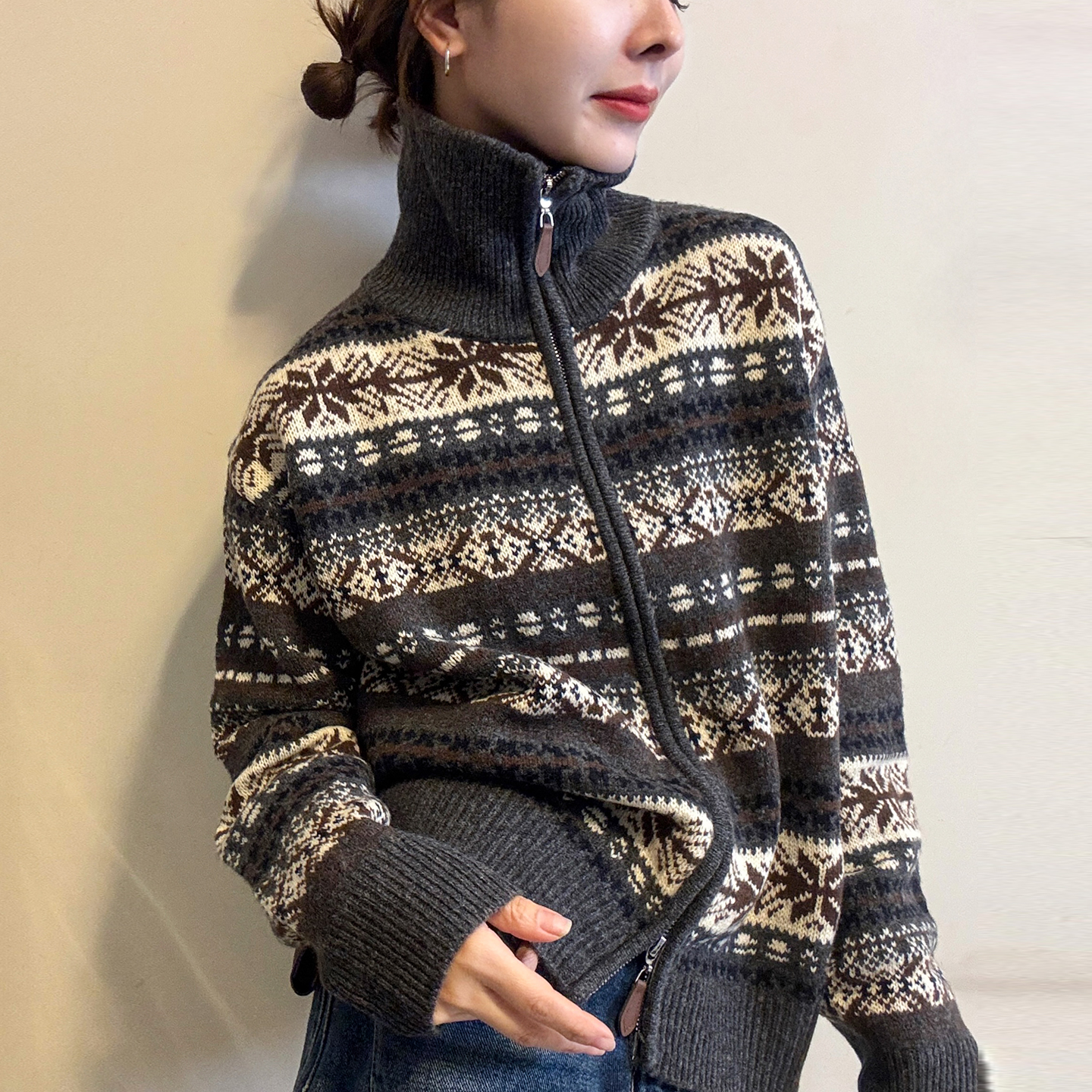 双拉链提花羊毛针织开衫女欧洲站