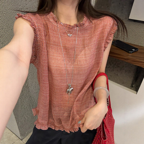 复古格纹木耳边麻料衬衫女欧洲站