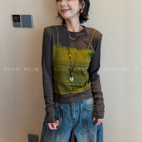 假两件吊带拼接面膜T恤女欧洲站