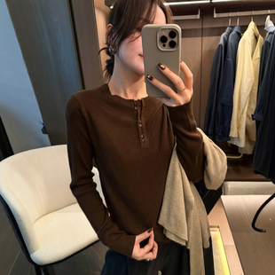 打底小衫 复古坑条V领羊毛针织衫 欧货女装 新款 潮 女欧洲站2025冬装