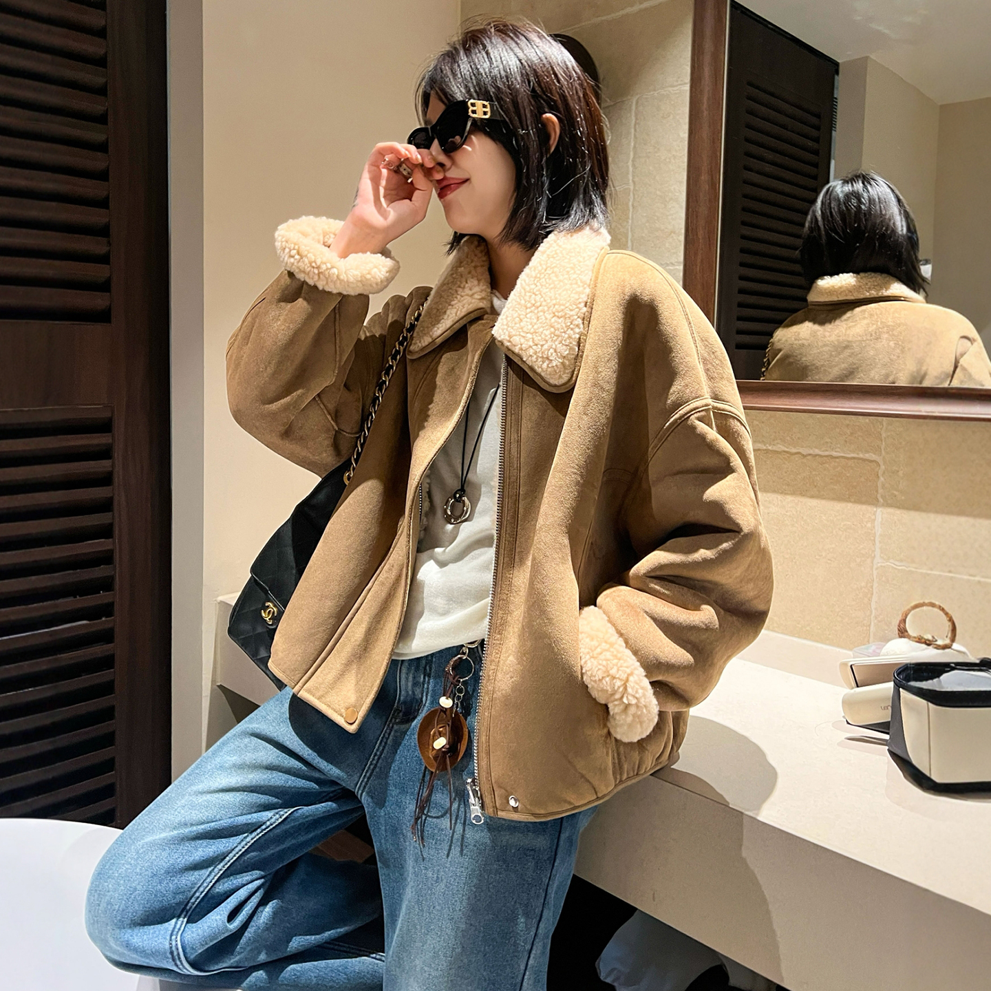 羊羔毛颗粒绒皮毛一体外套女欧货