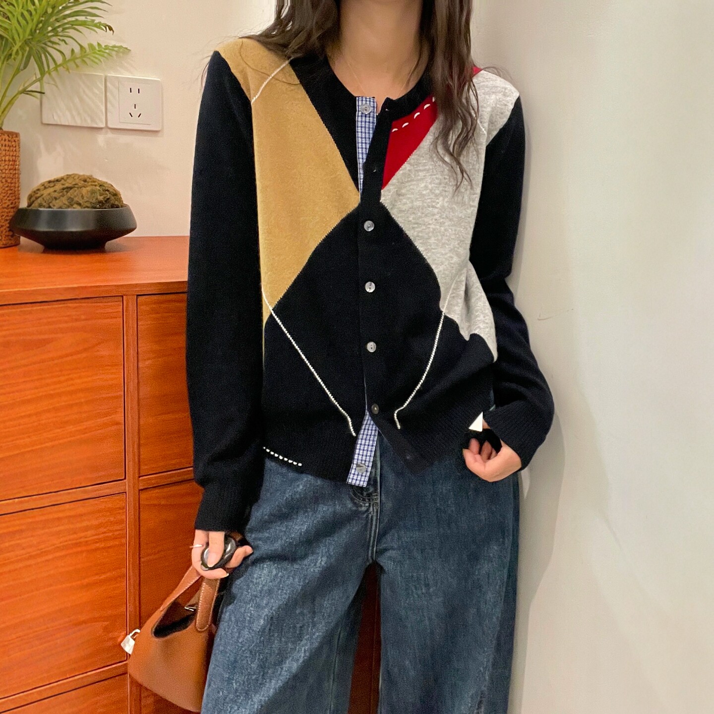 假两件菱形格羊绒针织开衫女欧货