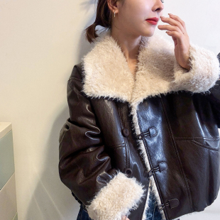 时尚 欧货女装 外套潮 新款 羊羔毛领PU蛋白皮羽绒服女欧洲站2025冬装