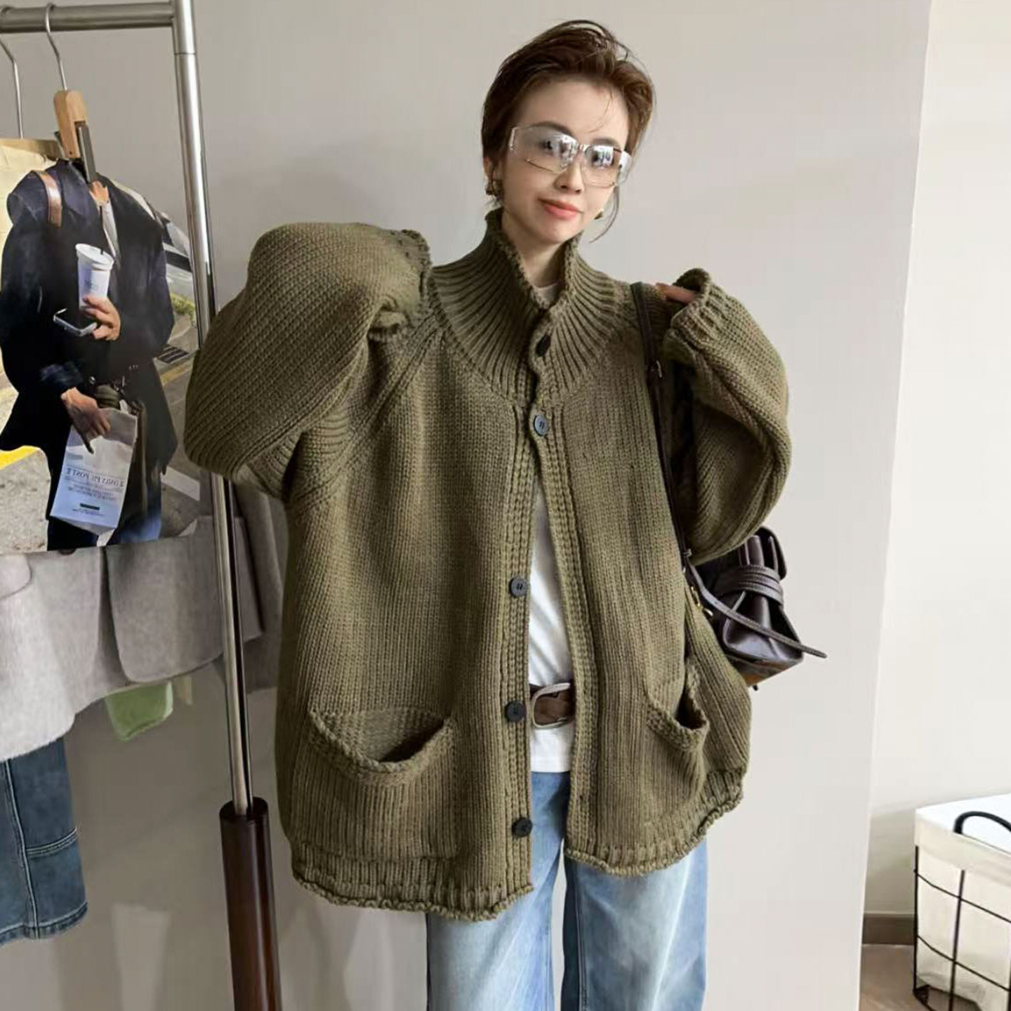 复古高领粗线羊毛针织开衫女欧货