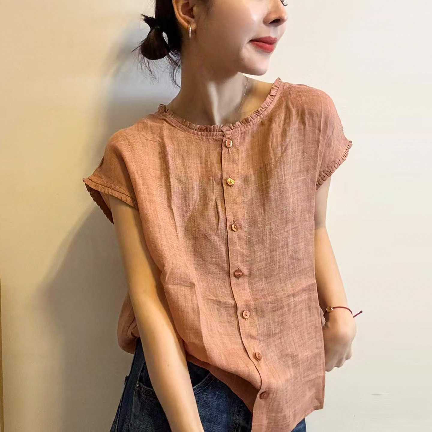 木耳边小飞袖苎麻衬衫女欧洲站2026夏季新款欧货女装时尚娃娃衫潮