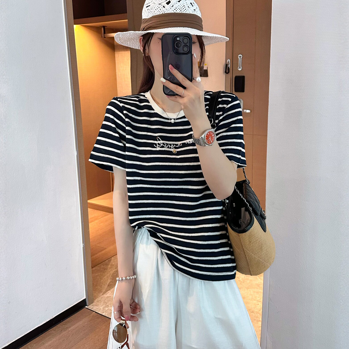 手工串珠刺绣条纹T恤女欧洲站2026夏季新款欧货女装时尚打底衫潮