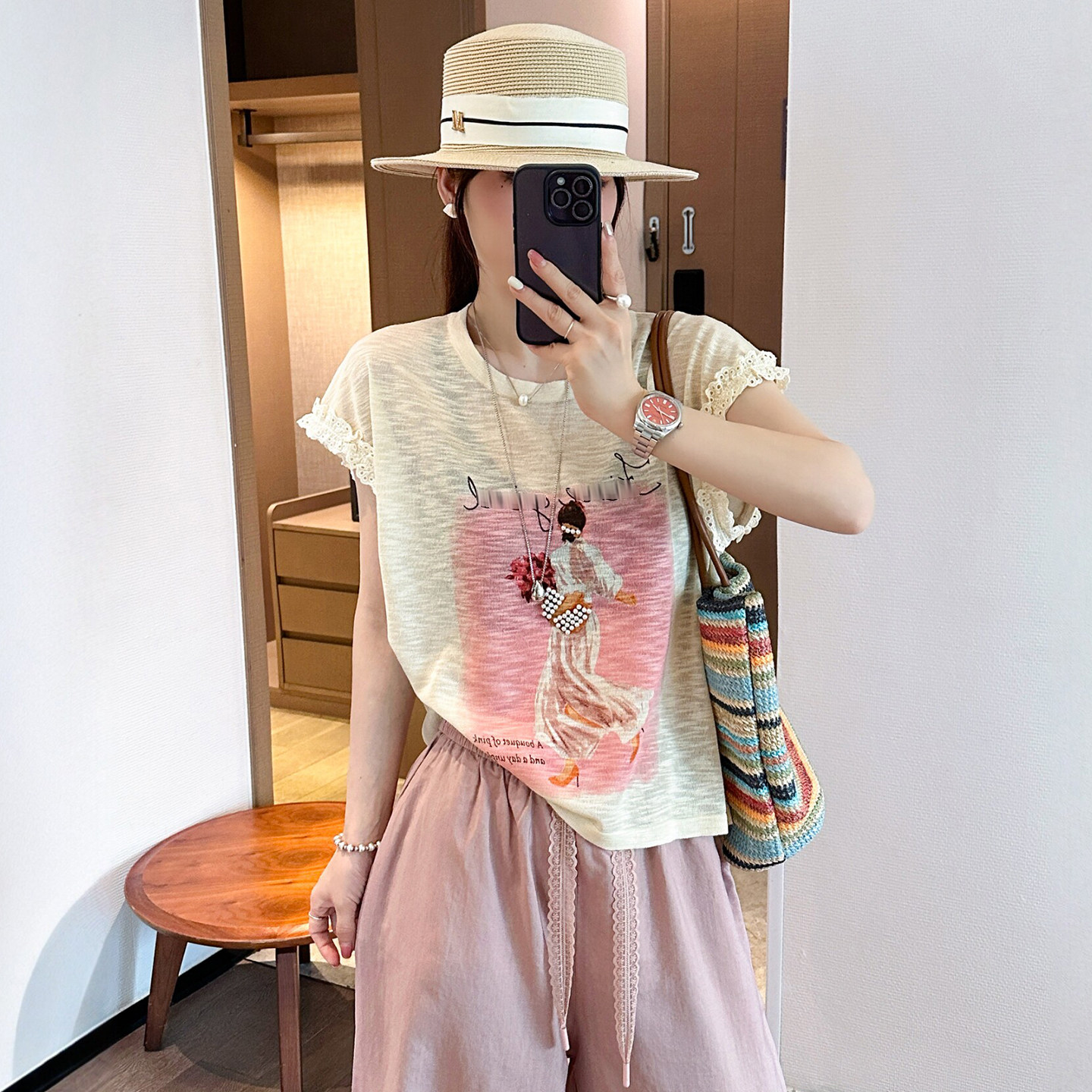 手工串珠飞飞袖冰丝针织衫女欧货