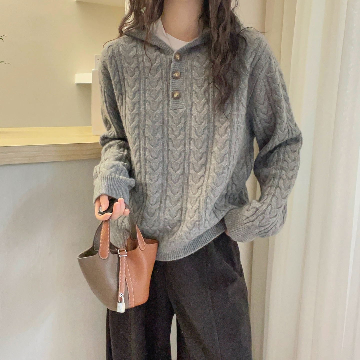 麻花纹连帽山羊绒针织衫女欧洲站