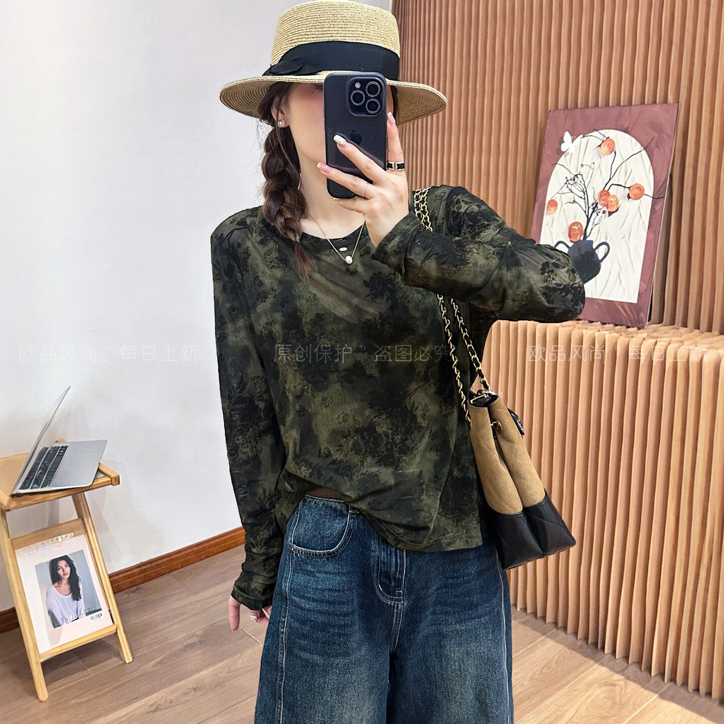 复古扎染贴标长袖T恤女欧洲站潮