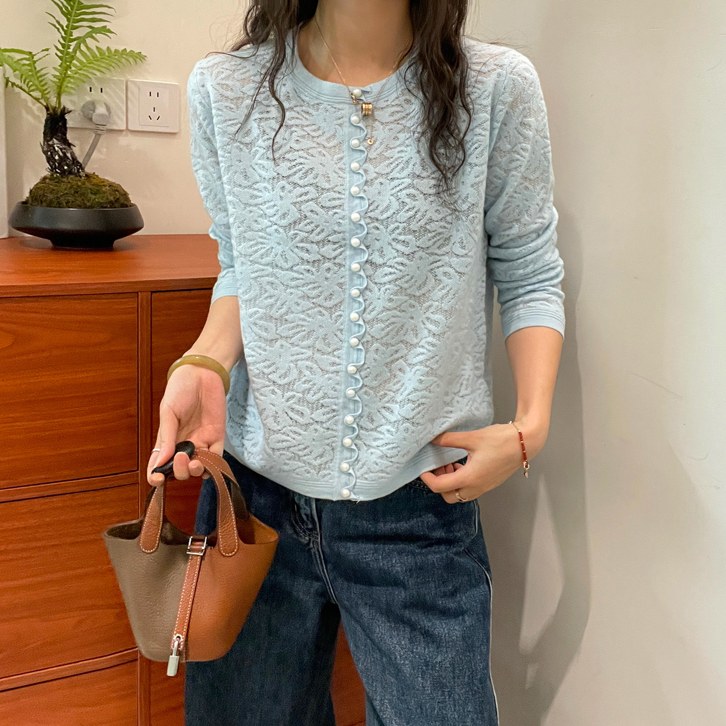 钩花莱赛尔山羊绒针织开衫女欧货