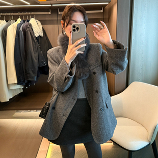 欧货女装 新款 潮 羽绒服女欧洲站2025冬装 狐狸毛领羊毛呢白鹅绒西装