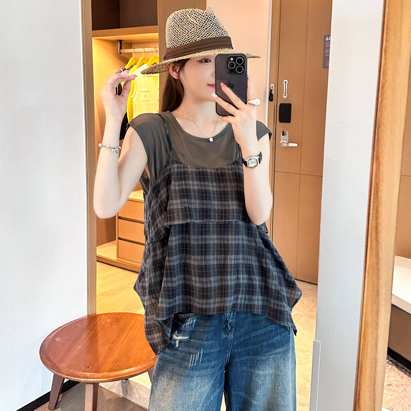 格子棉麻衬衫吊带两件套装女欧货