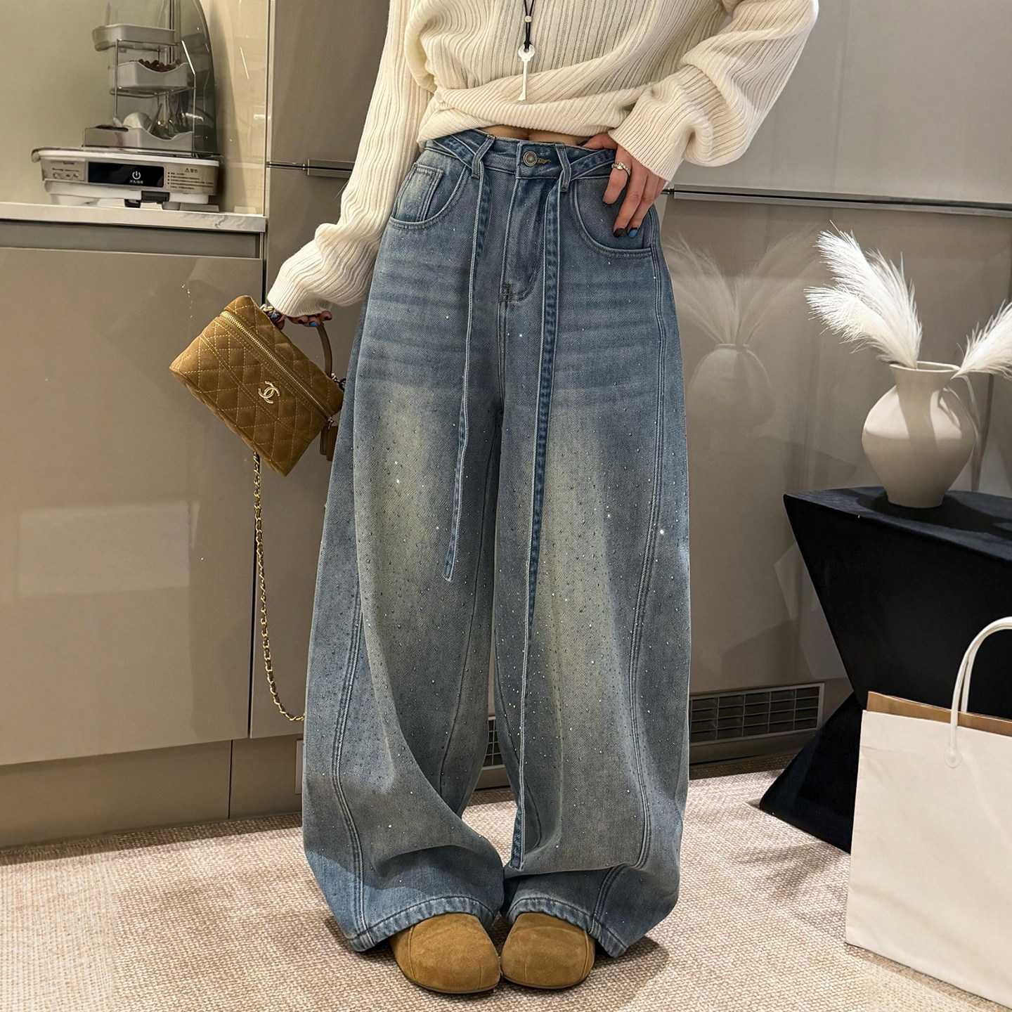 重工烫钻拖地加绒牛仔裤女欧洲站2025冬装新款欧货女装阔腿裤子潮