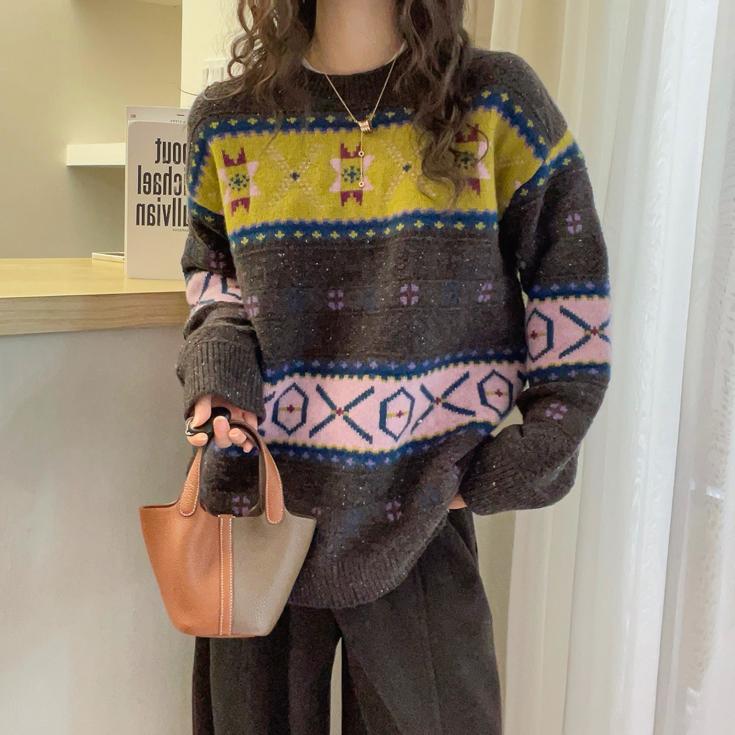 复古提花山羊绒针织衫女欧货上衣