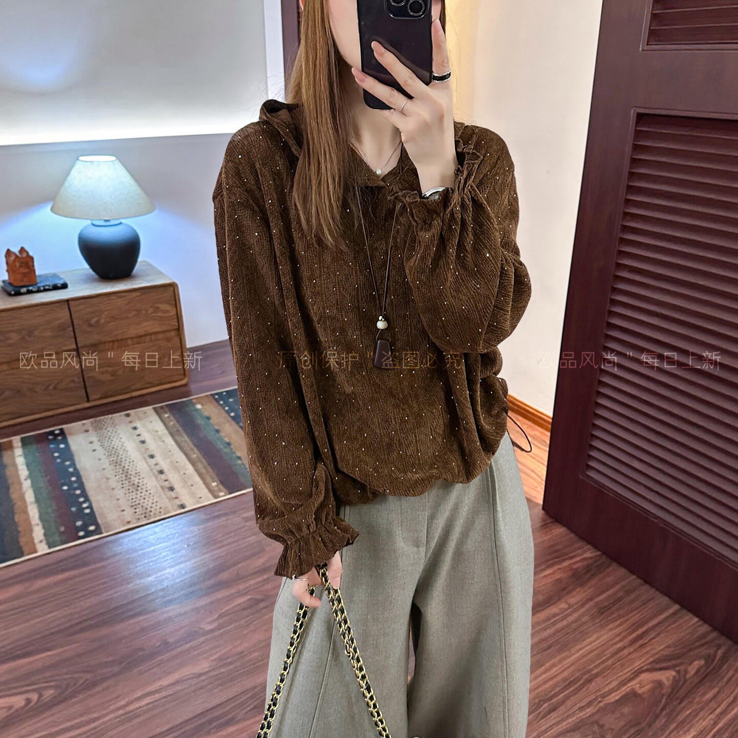 重工烫钻连帽羊毛针织衫女欧洲站