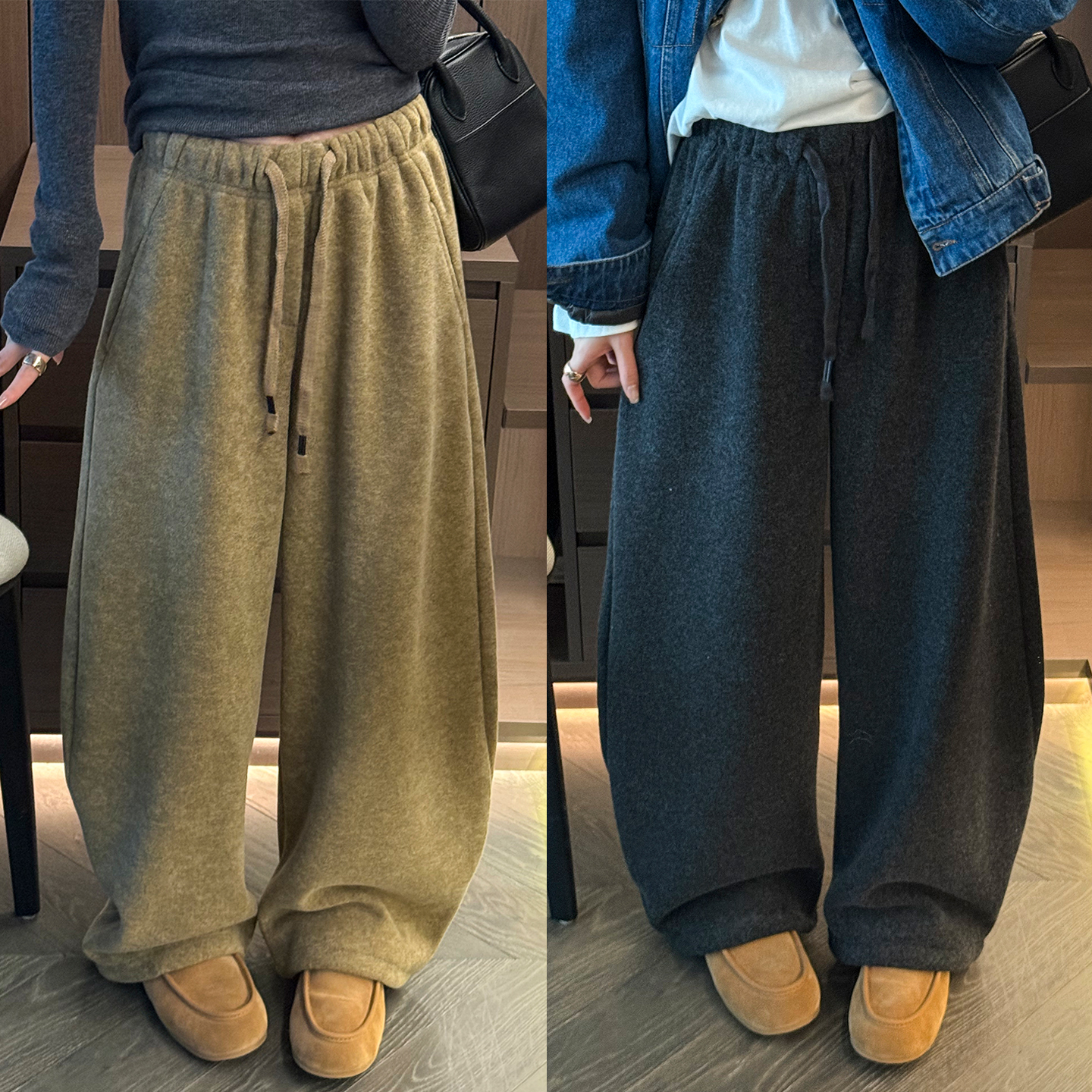 拖地加绒羊毛呢阔腿裤女欧货裤子