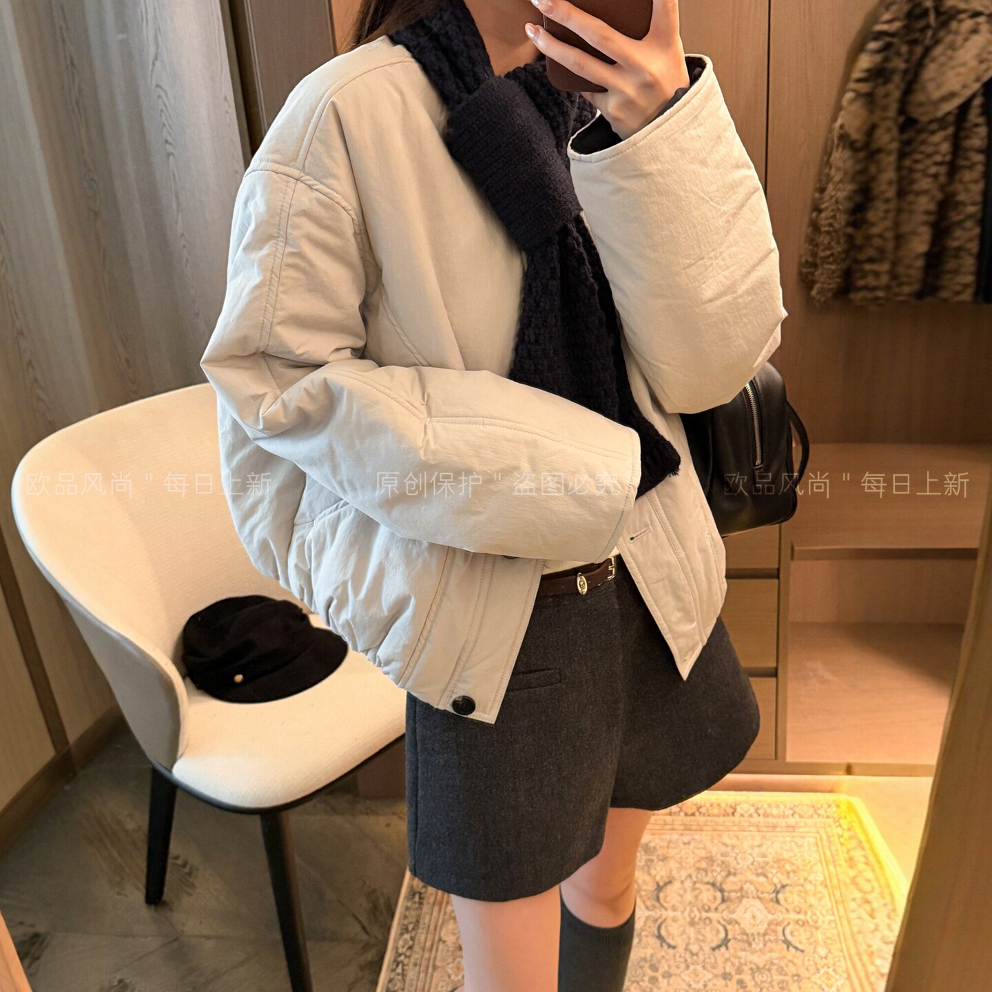 配围巾加棉棒球服外套女欧货棉服