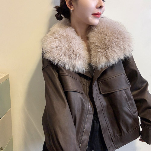狐狸毛领麂皮绒派克羽绒服女欧货