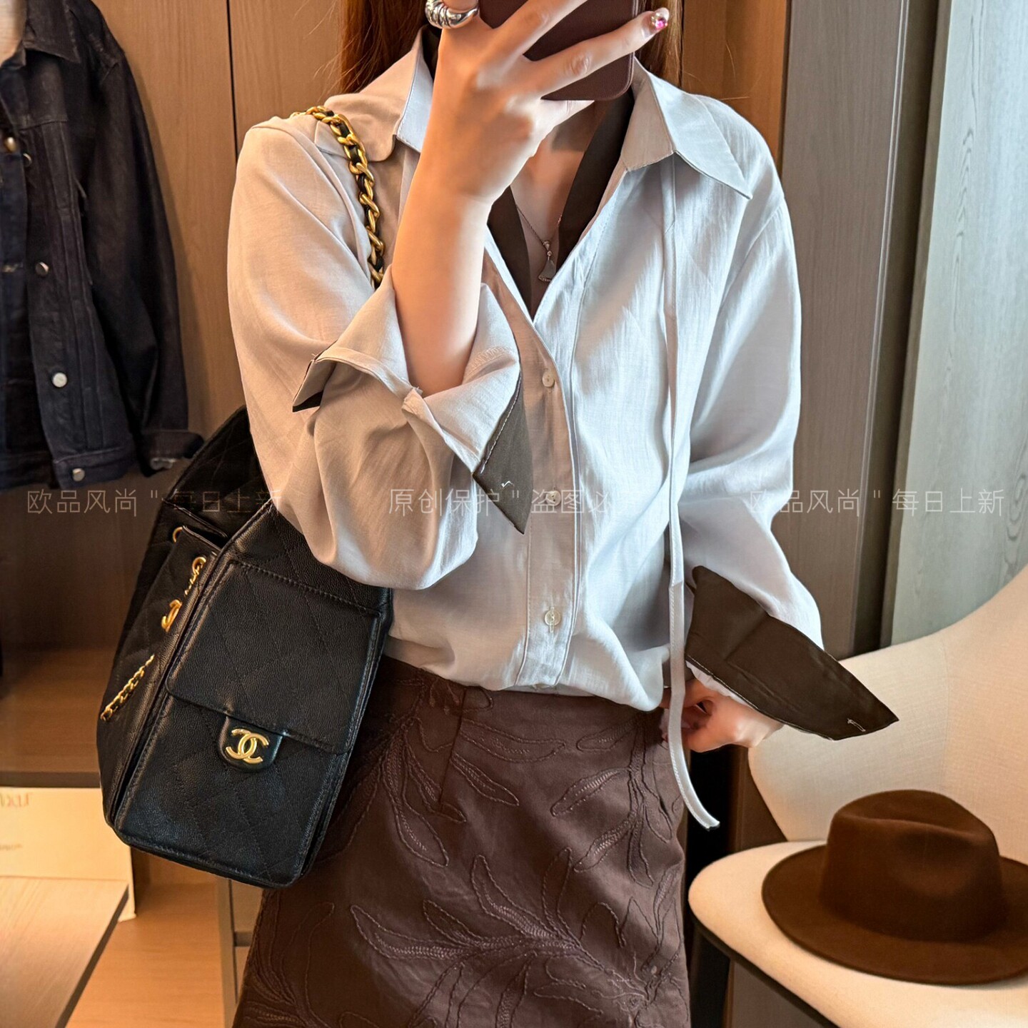假两件POLO领抽绳休闲衬衫女欧货