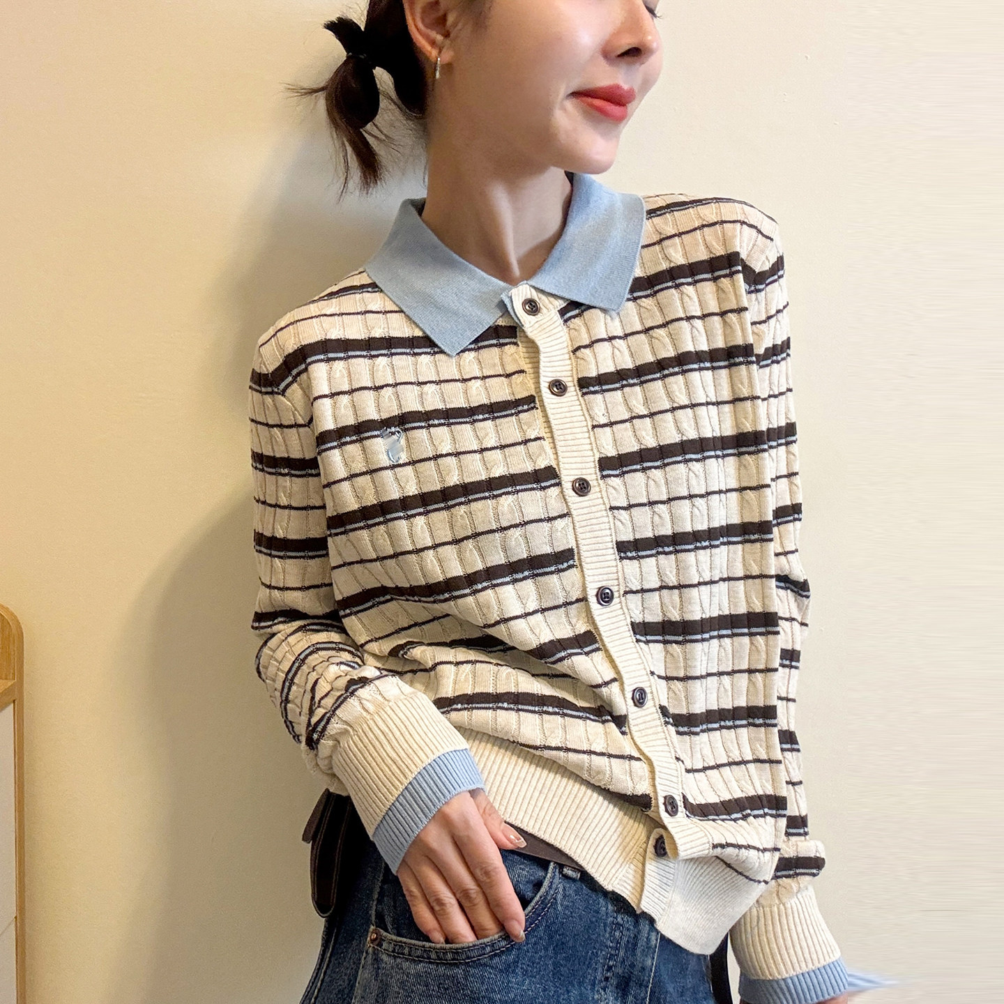 刺绣条纹翻领羊毛针织开衫女欧货