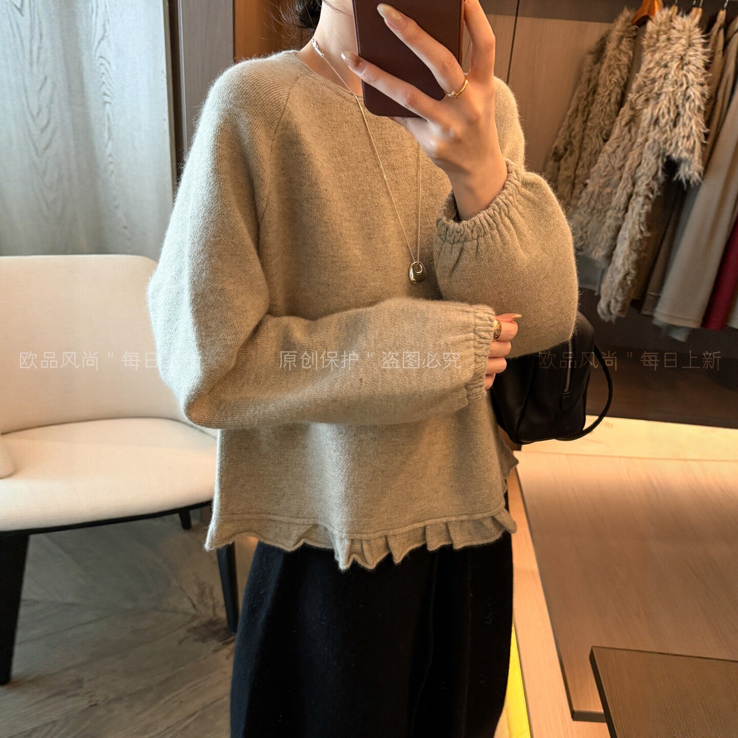 后背绑带木耳边羊毛针织衫女欧货