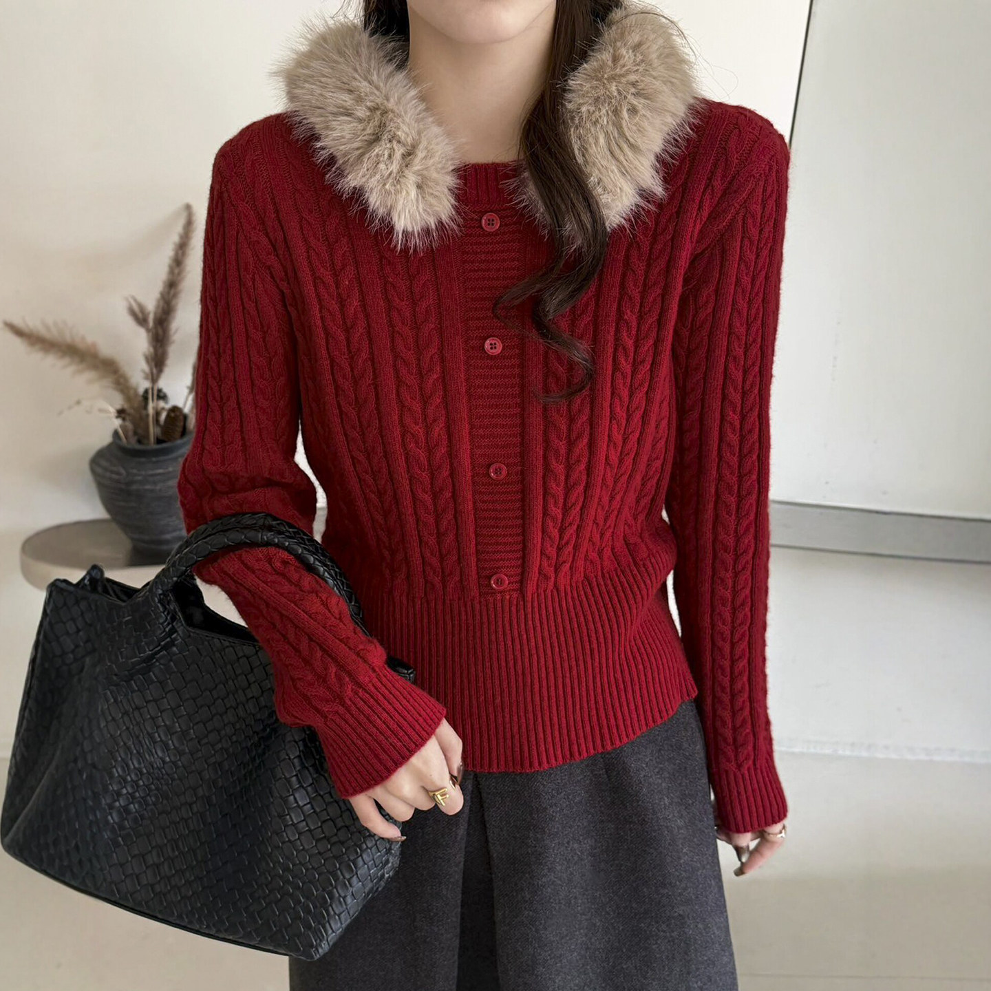 狐狸毛领麻花羊毛针织衫女欧洲站