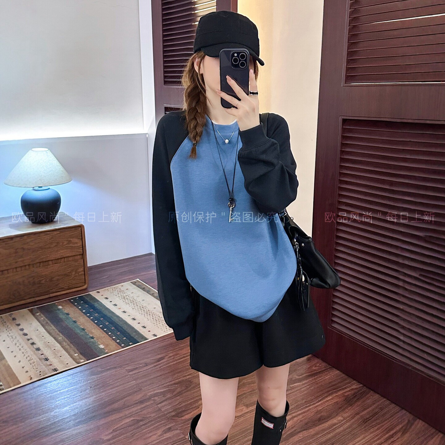 撞色拼接空气棉卫衣女欧洲站上衣