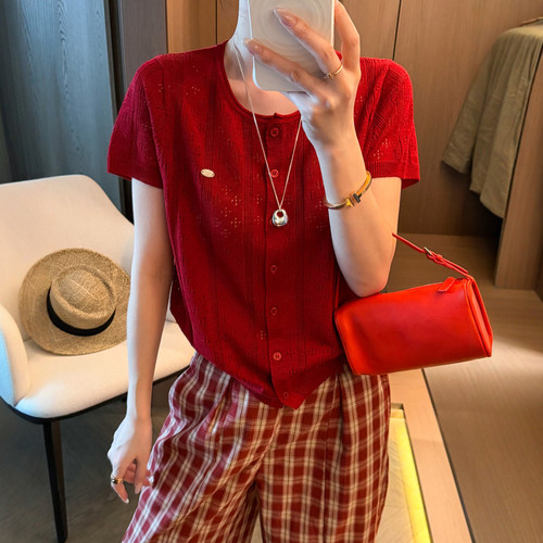 金属贴标镂空冰丝针织开衫女欧货