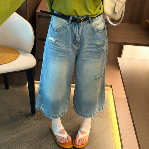 复古破洞八分阔腿牛仔裤女欧洲站