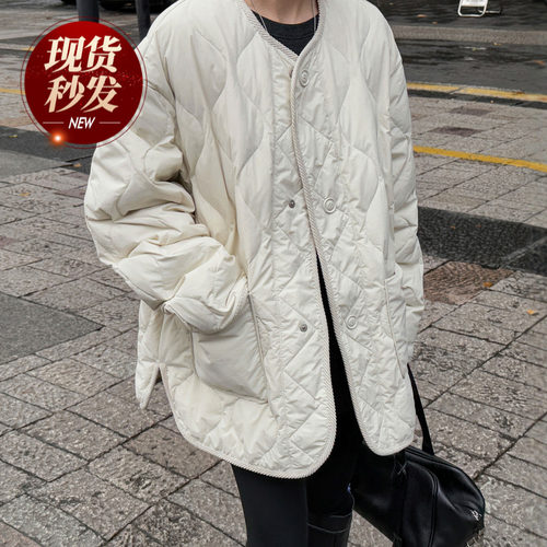 菱形格白鸭绒羽绒服外套女欧洲站
